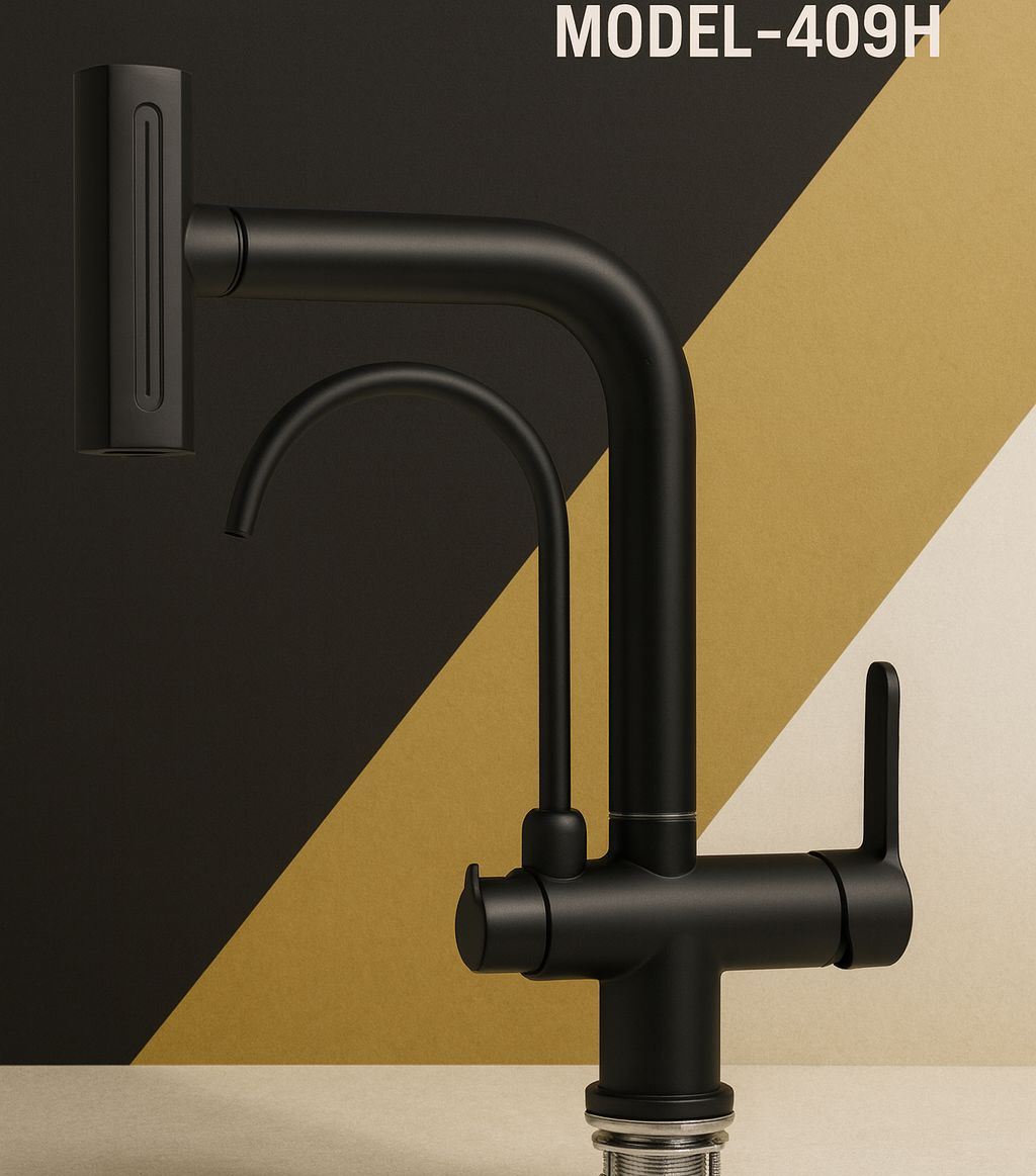 شیر ظرفشویی دومنظوره شاوری HuaDiao HD409 نصب شده روی سینک ظرفشویی.