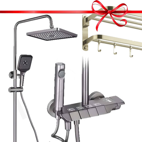 پک هدیه لوکس دوش پیانویی: شامل دوش حمام پیانویی ساده و جا حولهای دو طبقه استیل ضدزنگ.