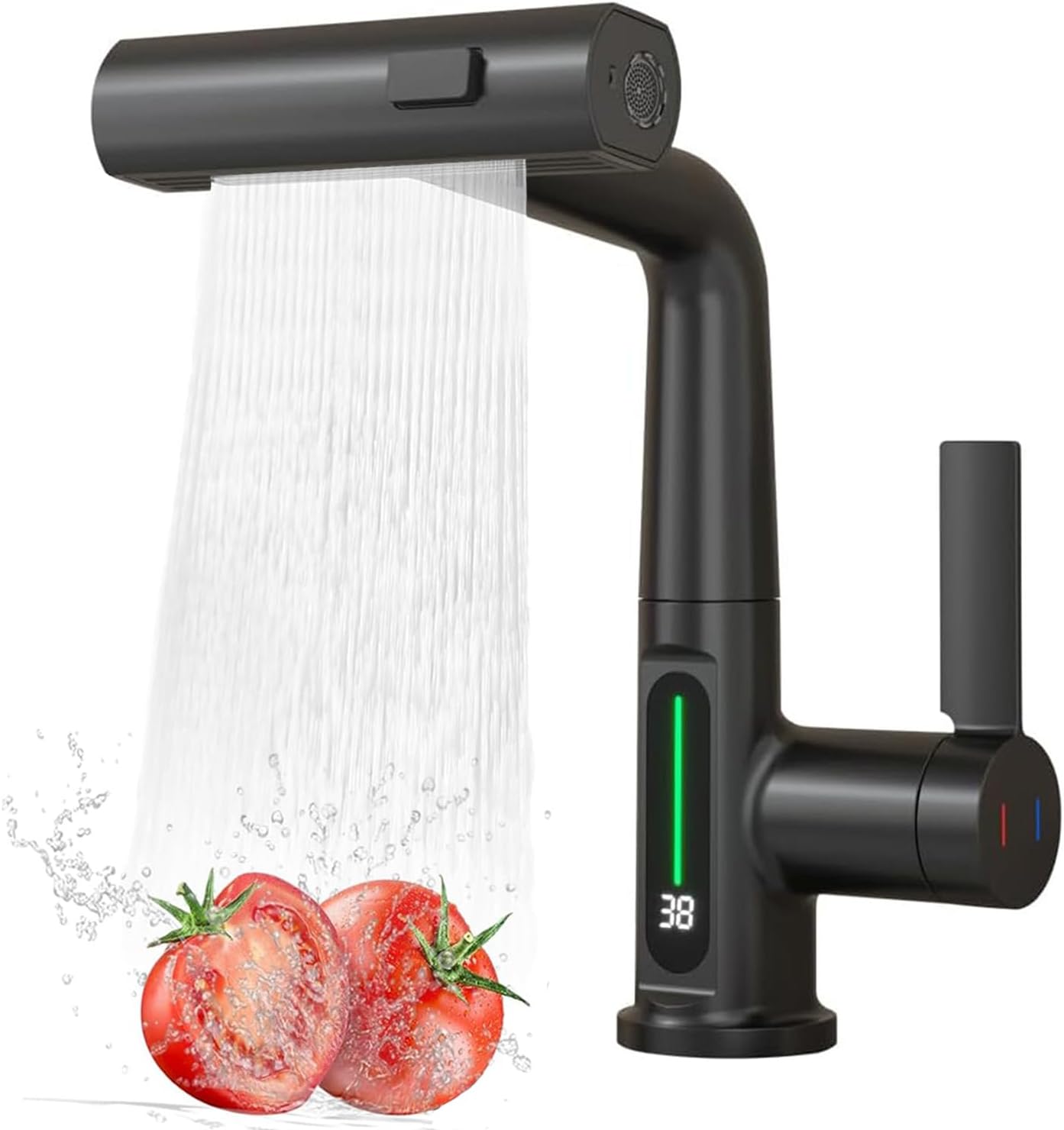 نمای نزدیک شیر ظرفشویی دیجیتال با حالت‌های مختلف پاشش