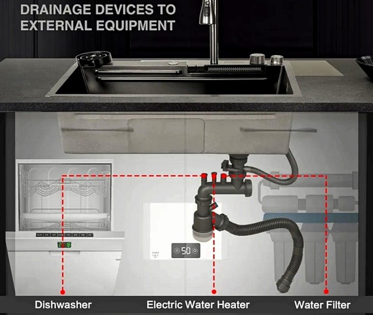 تصویر سینک ظرفشویی آبشاری ۷۵ سانت HuaDiao استیل SUS-304