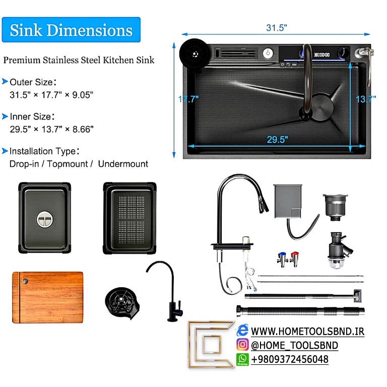 جزئیات طراحی سینک هوشمند پیانویی دکمه‌دار با کیفیت گرید A