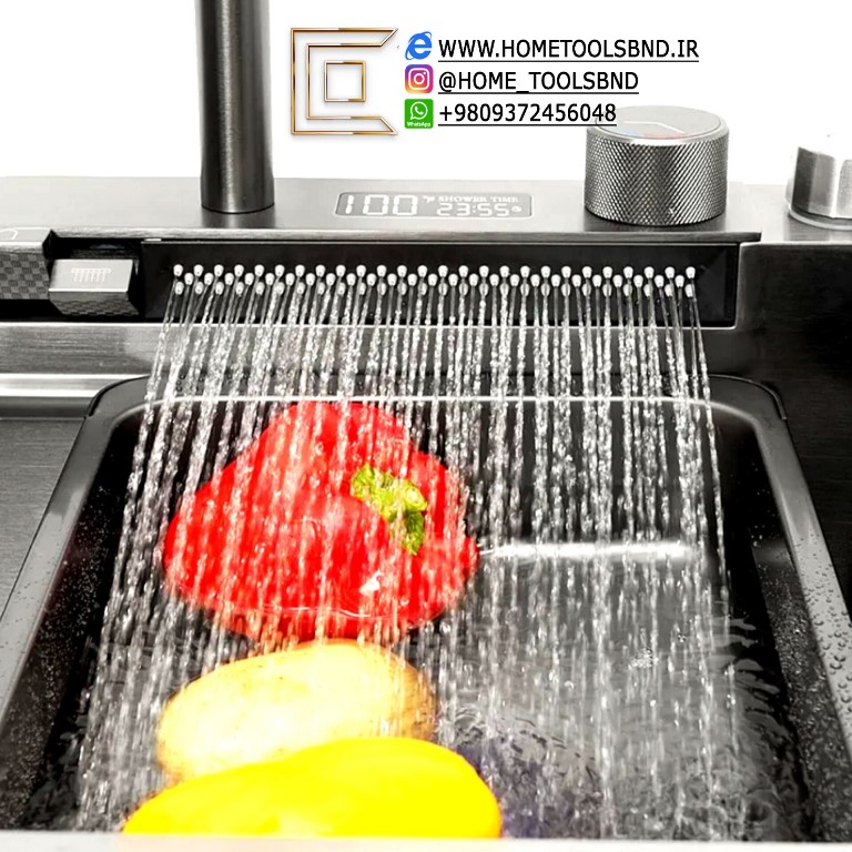 سینک آشپزخانه دیجیتال پیانویی با سبد شستشو و خروجی آب هوشمند