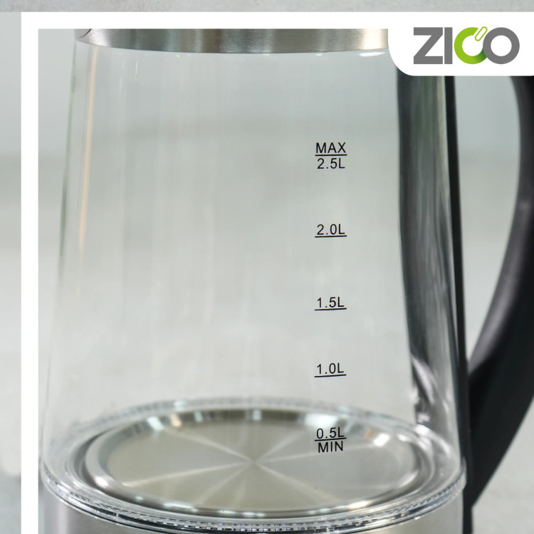 نمایش ظرفیت لیتر روی بدنه شیشهای کتری برقی زیکو